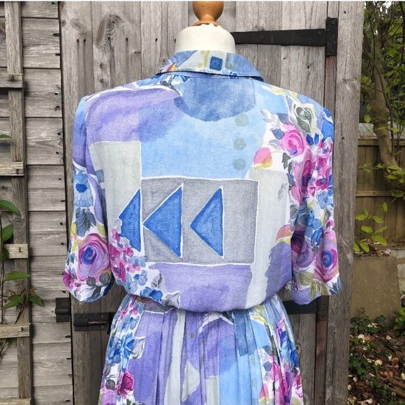 Vintage Midi Blouson Dress Light Blue Wacky 80's Plus Size 14/16 Secretary Belt - Picture 5 of 8